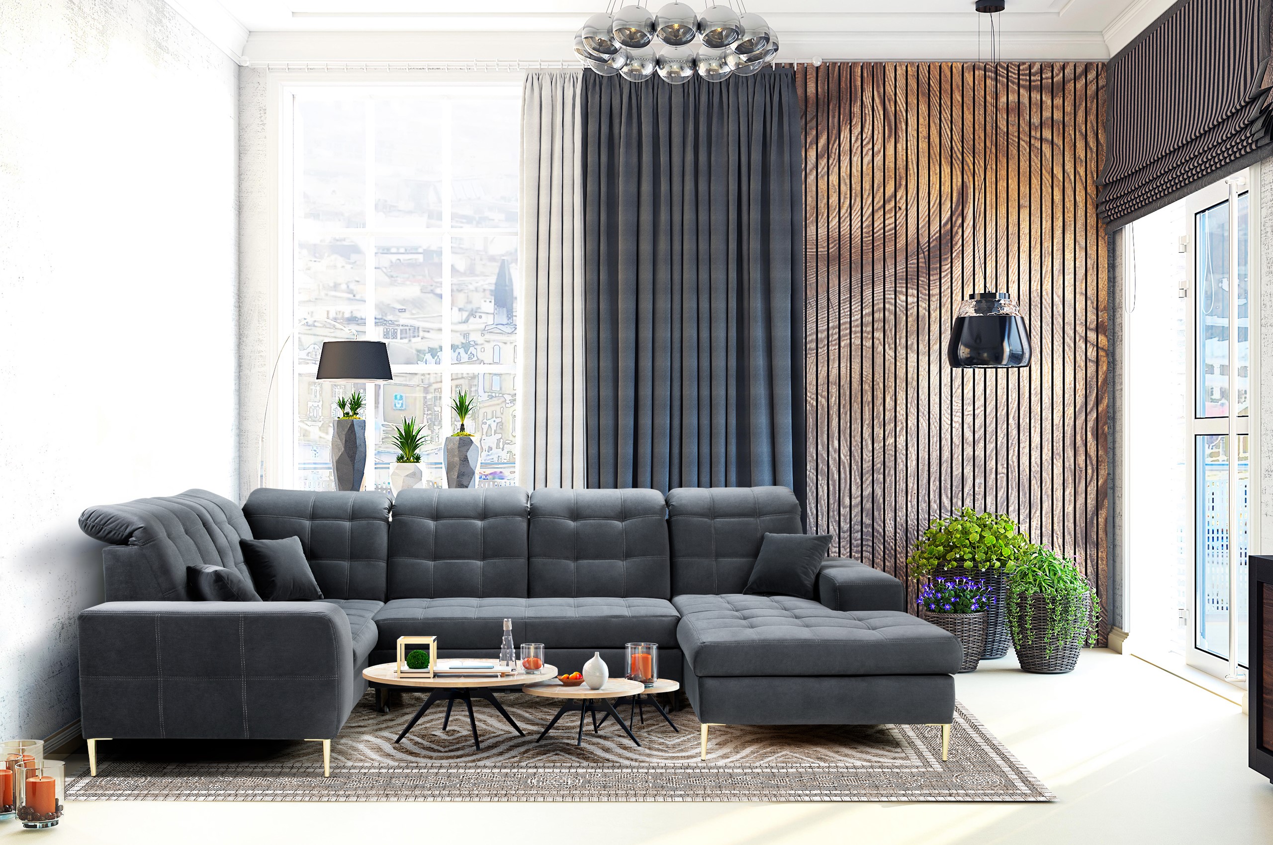 Wohnlandschaft Amber mit Schlaffunktion, Ottomane, verstellbare Kopfstützen Wohnlandschaft Amber mit Schlaffunktion, Ottomane, verstellbare Kopfstützen